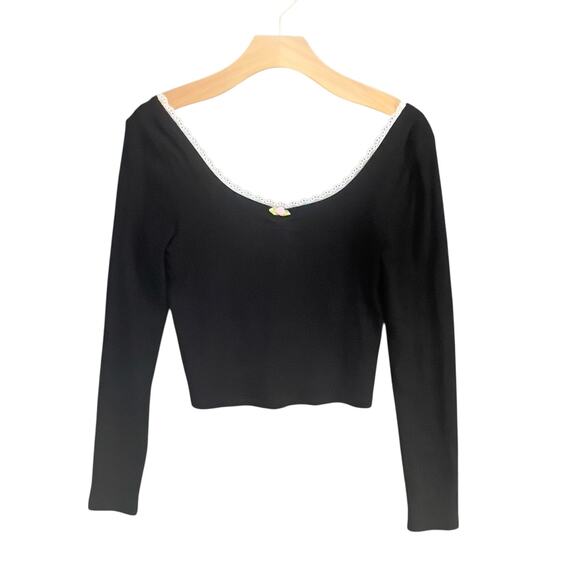 Pretty Garbage Top Womens M Black Ribbed Knit Scoop Neck Dainty Lace Feminine - Picture 5 of 15